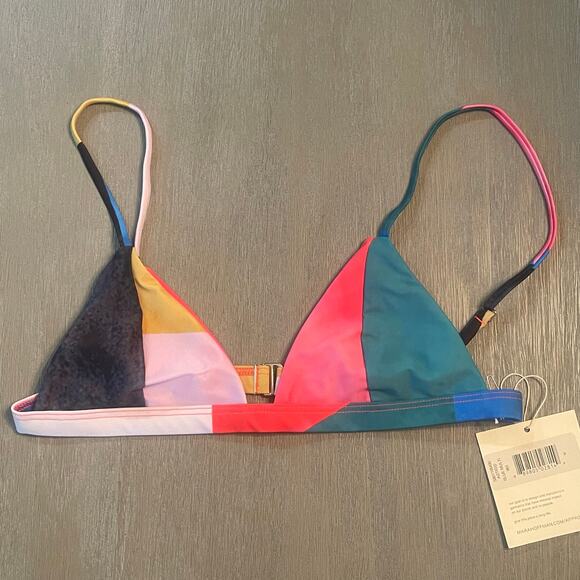 Mara Hoffman Astrid Blue Multi Triangle Bikini Top Size M UPF 50+ Colorful 80s - Picture 2 of 10